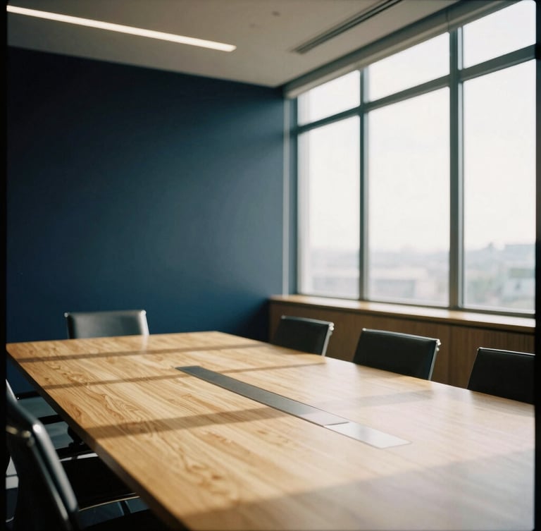 Architectural shot of a modern, light-filled corporate boardroom with clean lines, warm natural light casting soft directional shadows on a long oak table, editorial style, 35mm film look.