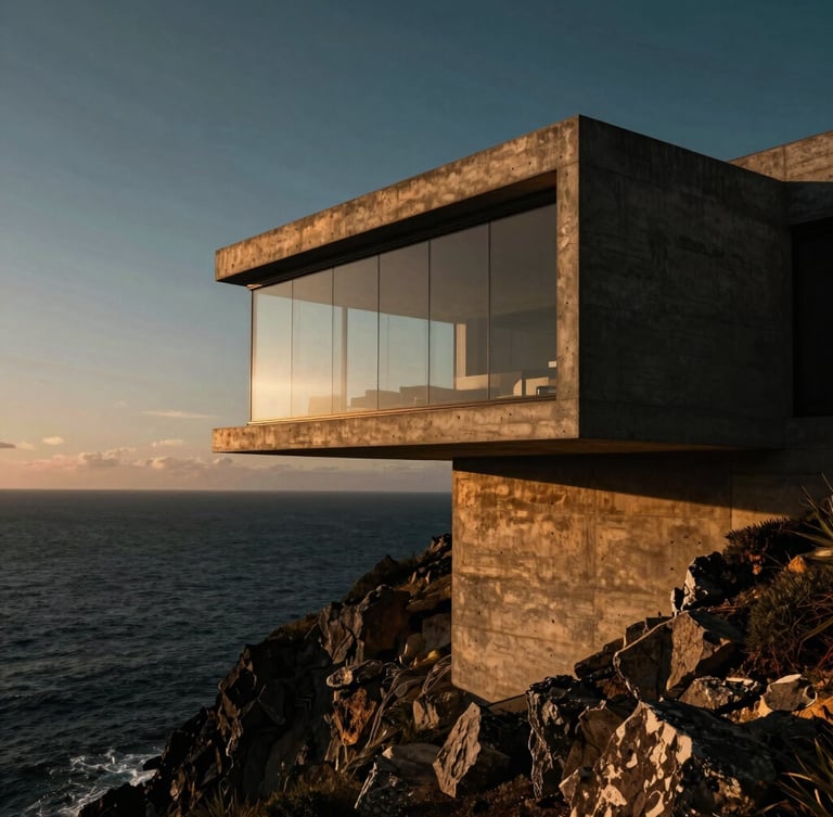 Extreme wide angle of a brutalist concrete and glass villa perched on a cliffside at golden hour, dramatic shadows, deep ocean below, architectural photography