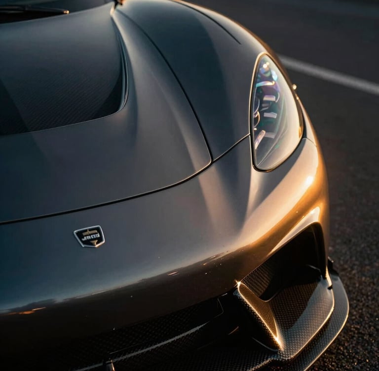Extreme close-up of a vintage sports car fender, polished dark metallic paint reflecting golden hour light, carbon fiber details, high contrast, 35mm