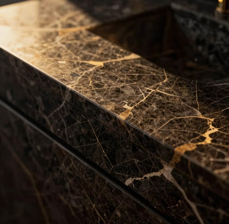 Extreme close-up of premium dark marble veining with golden-hour light skimming the polished surface, high contrast, 35mm photography