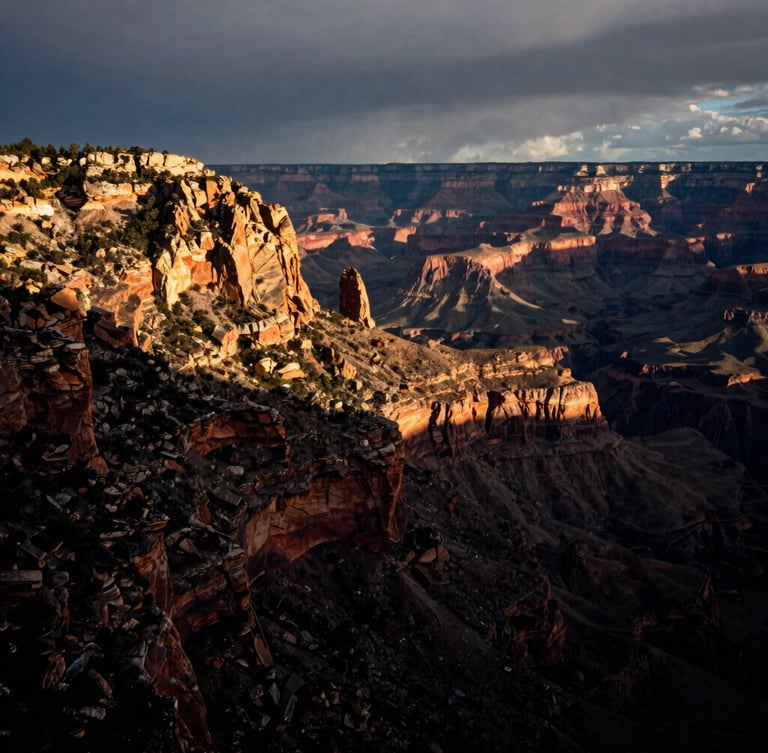 Dramatic vertical portrait of a rugged mountain ridge meeting a deep canyon under moody overcast skies, high contrast, 35mm photography