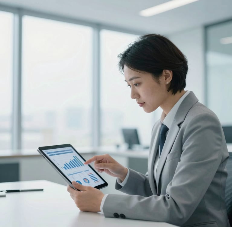 A professional wealth advisor in a bright, modern office analyzing clean financial data charts on a tablet, soft diffused daylight, cool blue tones, 50mm