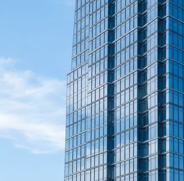 Bright corporate photography of clean modern skyscraper glass facade reflecting blue sky, soft diffused daylight, cool blue tones, 50mm, negative space on the left