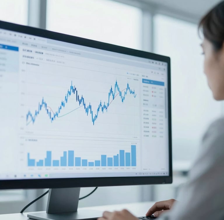 A focused professional looking at clean financial charts on a screen, soft diffused daylight, cool blue tones
