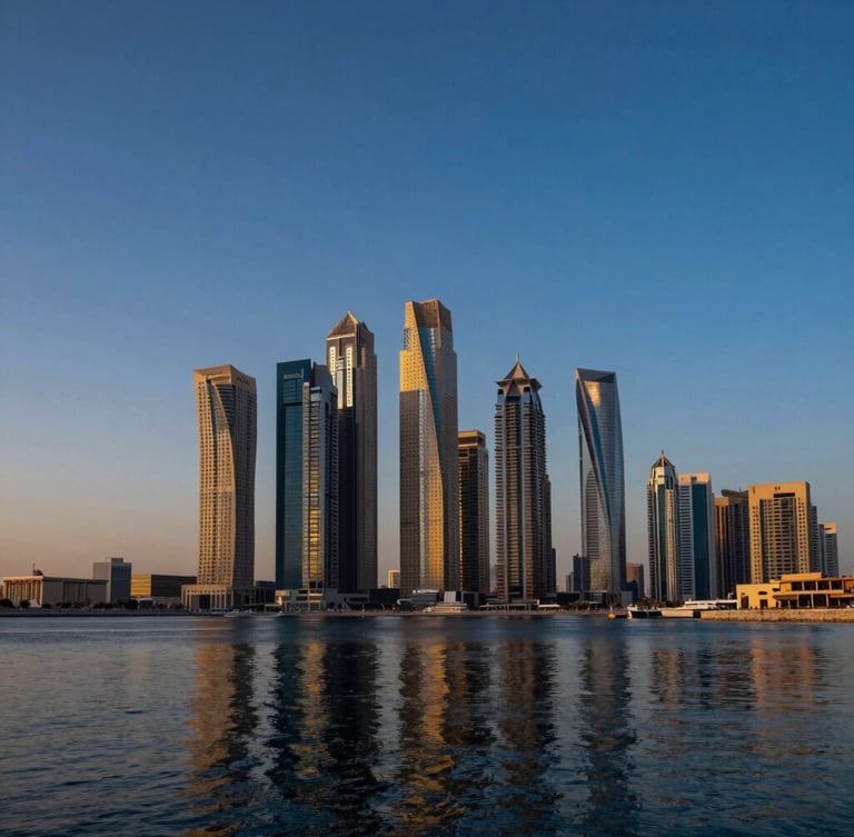 Dramatic wide-angle twilight shot of Dubai Marina skyline, deep blue sky reflecting off water, architectural geometry of high-rises, golden hour illumination