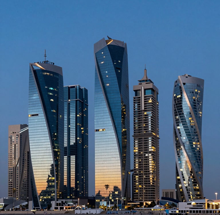 Dramatic twilight wide shot of Dubai Marina skyline, geometric glass towers reflecting deep blue sky and golden lights, clean modern architectural lines, high contrast.
