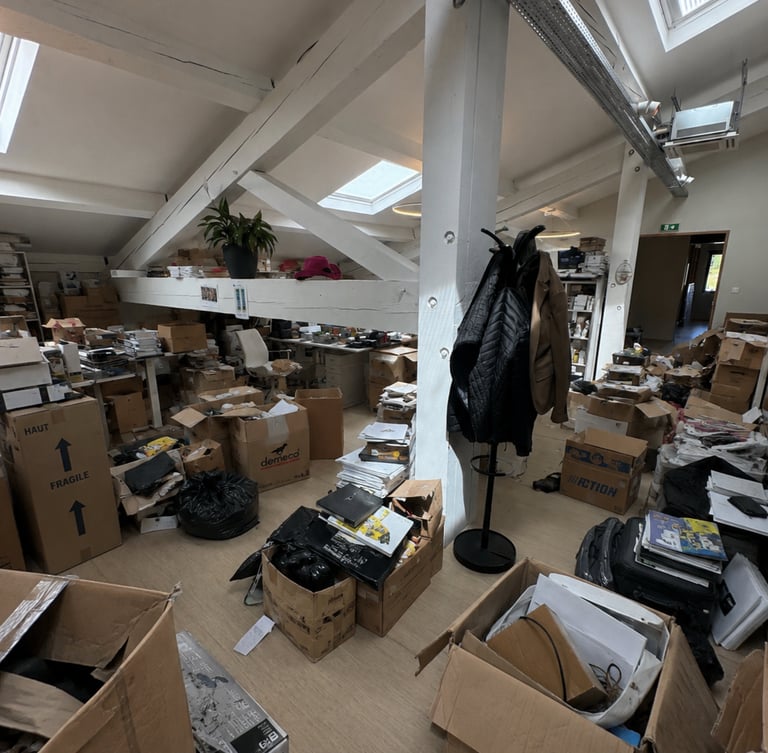 Débarras d’un local encombré avec cartons, archives et déchets avant nettoyage professionnel par Gro