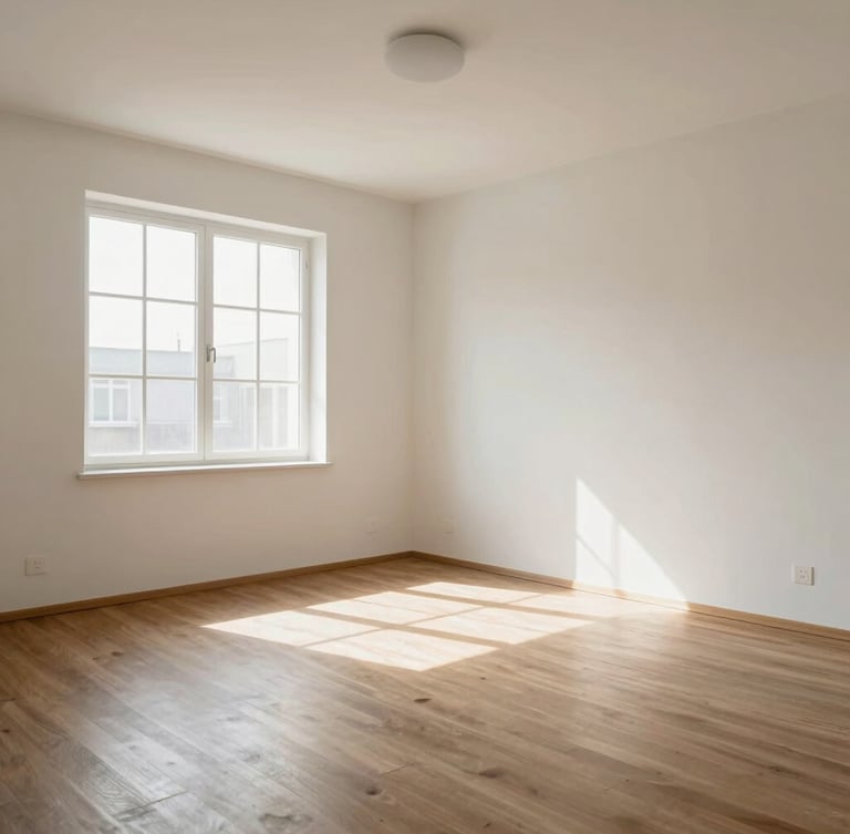 Wide angle shot of a clean, bright, fully restored residential room after professional deep cleaning, soft sunlight flooding from a window.