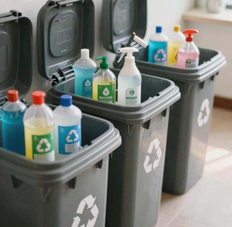 Close-up of organized recycling bins and professional eco-friendly cleaning supplies on a clean surface, daytime lighting.