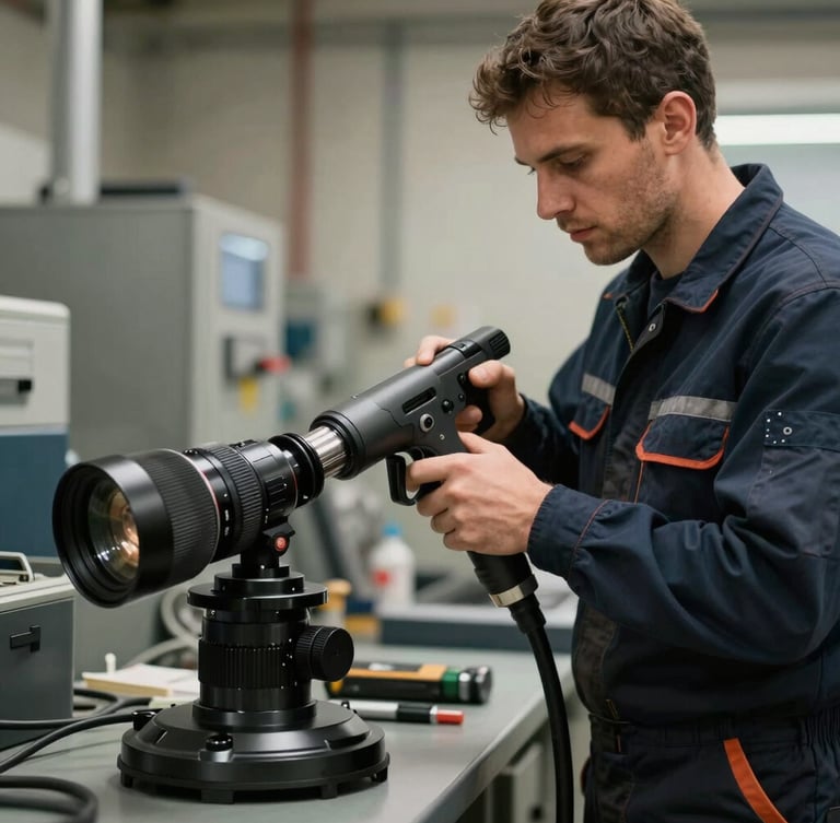 Un technicien professionnel en tenue de travail ajustant un équipement de nettoyage haute pression, cadrage moyen, style industriel propre