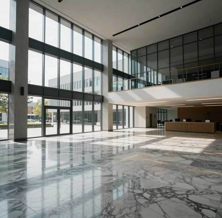 Vue grand angle d'un hall d'immeuble d'entreprise moderne, sol en marbre poli miroir, grandes baies vitrées laissant entrer une lumière naturelle vive, atmosphère de propreté absolue.