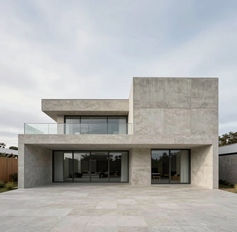 Straight-on architectural elevation of a modern concrete and limestone villa in Portugal, clean geometric lines, soft overcast daylight, generous negative space.