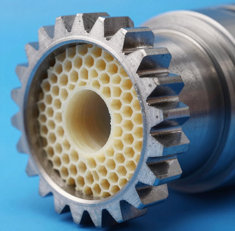 Macro photography of a high-strength structural gear, showing internal honeycomb infill structure, clean blue and white studio lighting, sharp focus on layer resolution