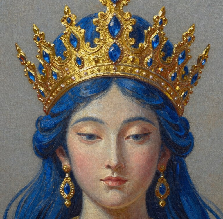 Close-up of a detailed oil painting showing the intricate golden patterns and deep blue textures of a majestic goddess's crown, rich canvas grain, soft side lighting
