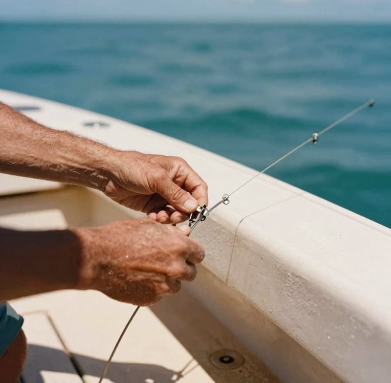 Close-up of weathered hands rigging a fishing line on a wooden boat deck, bright Florida sun casting sharp shadows, 35mm warm editorial style.