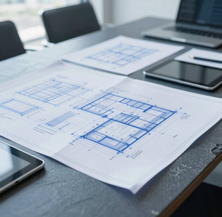 Close-up of structured blueprints and digital tablets on a solid slate table inside a bright, modern boardroom, cool natural light.