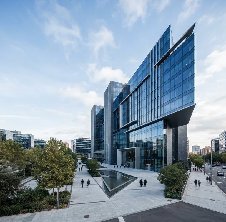 Wide architectural shot of a modern corporate headquarters in Madrid, cool natural daylight, sharp focus, clean lines, slate tones, negative space on the left