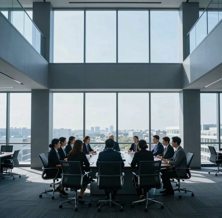 Crisp corporate office setting with structured architectural lines, professionals in a formal meeting room with natural daylight filtering through large windows, cool blue tones