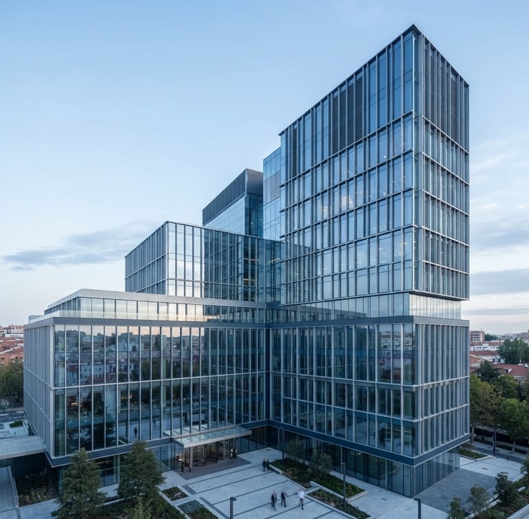 Wide architectural crop of a modern corporate headquarters in Madrid, clean lines, steel and glass facade, cool morning daylight, slate blue tones.