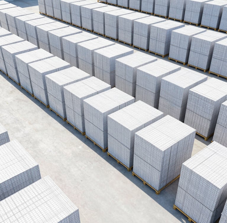 High-angle structural view of an organized warehouse with clean 3D CAD layout wireframes overlaid, bright high-key daylight, sharp industrial photography, 35mm