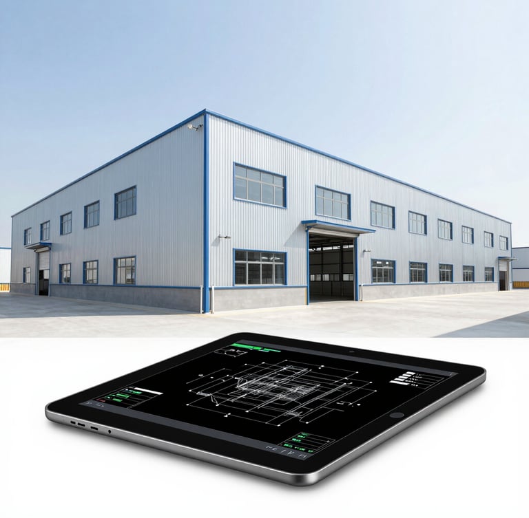 Wide-angle technical shot of a modern warehouse, bright high-key daylight, clean technical tones, industrial tablet displaying CAD layout wireframe in the foreground
