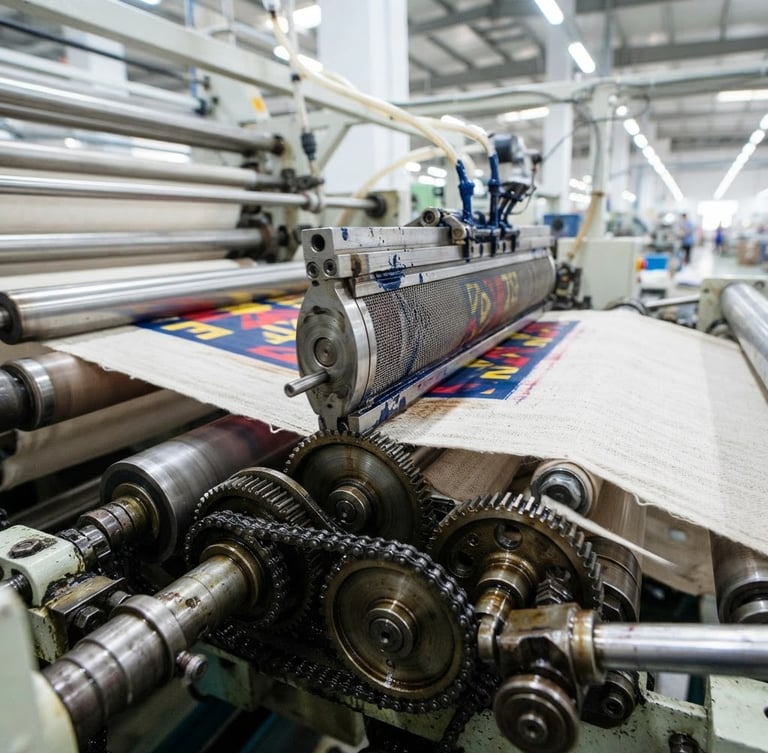 Close-up of a high-speed rotary textile printing machine processing raw cotton fabric, bright clean industrial light, sharp focus on mechanical gears and ink application