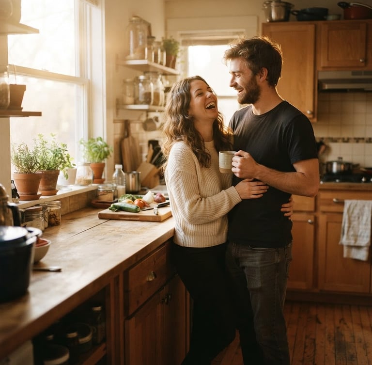 Candid medium shot of a young couple laughing together in a sun-drenched kitchen, golden hour light filtering through a window, warm tones, shallow depth of field, 35mm photography