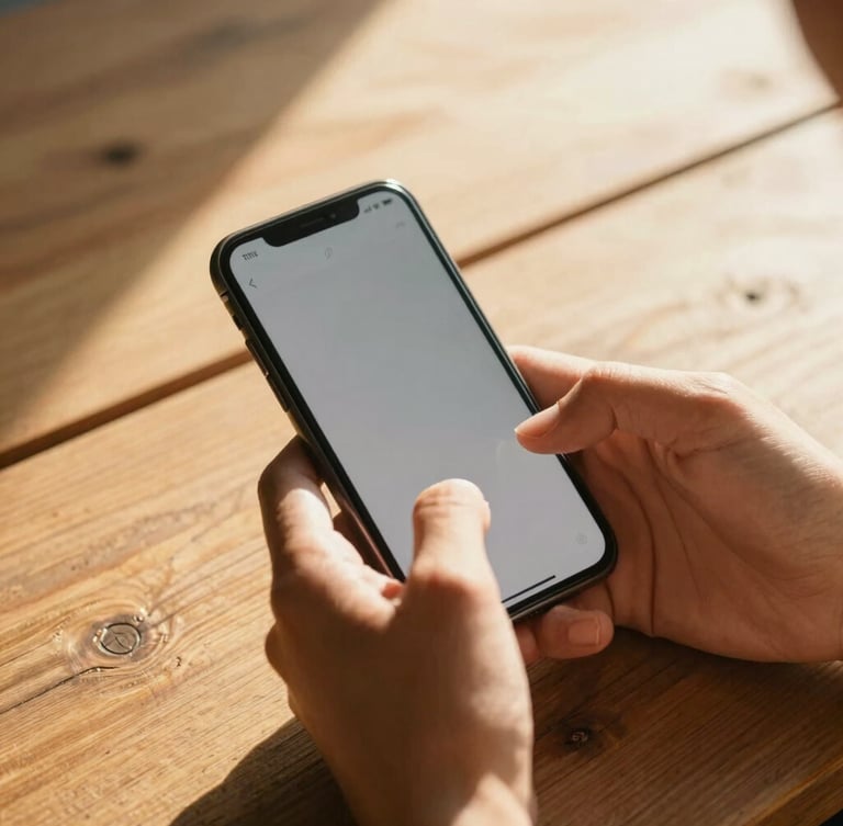 Candid close-up of hands holding a smartphone displaying a clean mobile interface, warm golden hour sunlight casting soft shadows across a rustic wooden table, 35mm cinematic style