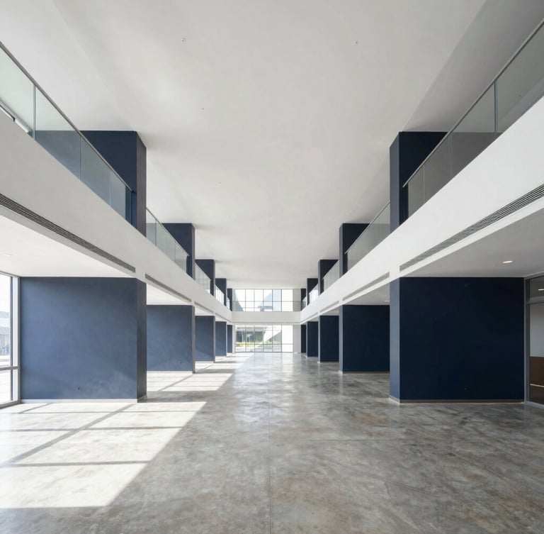 Symmetrical, bright architectural shot of a newly renovated commercial office interior with clean lines, polished concrete floors, and natural light.