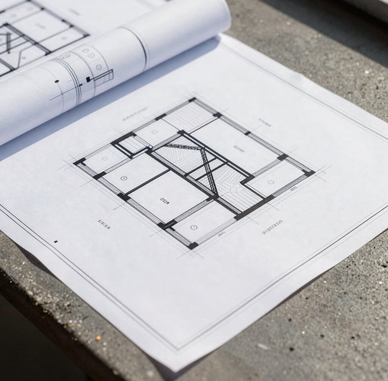 Close up of clean architectural blueprints laid out on a dark concrete work table, crisp natural side light, sharp focus on structural lines