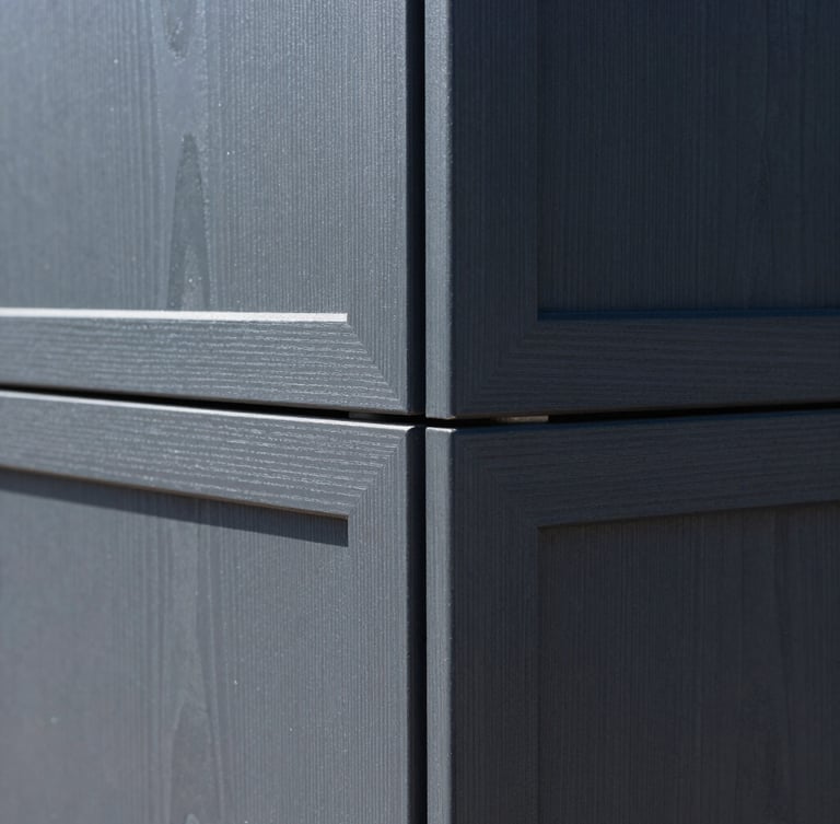 Crisp architectural detail of interlocking premium hardwood joints, bright natural daylight, clean charcoal tones, sharp focus, 35mm lens