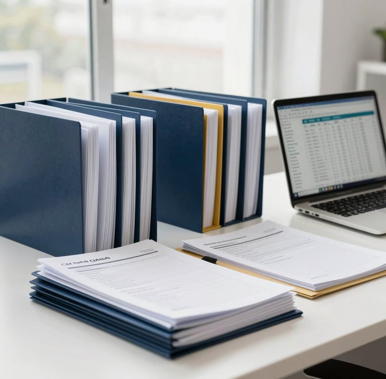 A modern workspace with organized tax compliance folders and a laptop displaying analytics, bright natural lighting, 35mm professional photography.
