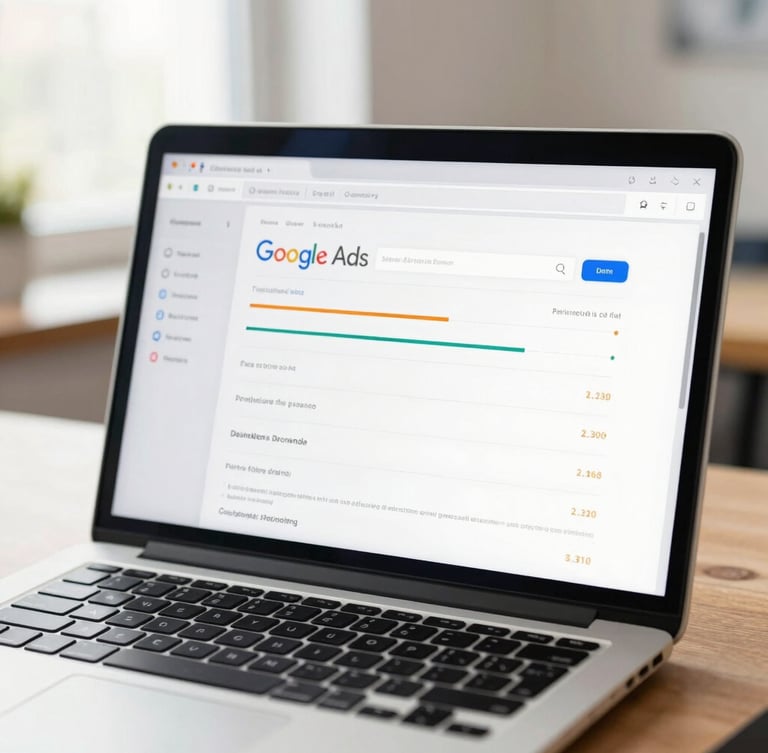Close-up of a modern laptop screen showing Google Ads performance metrics, clean desk layout, soft natural side lighting, professional corporate style