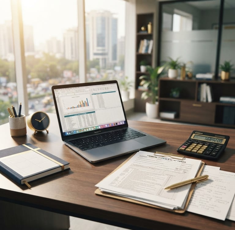 A clean professional corporate workspace in New Delhi, sunlight streaming over a modern laptop, organized tax documents, and a calculator, deep navy and gold accents, 35mm editorial photography.