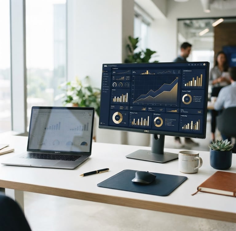 Modern corporate digital dashboard showing financial analytics and growth charts next to a sleek laptop on a clean white desk, bright natural window light, 35mm editorial style.