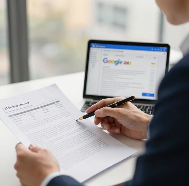 Close-up of a business strategist reviewing tax documents alongside a tablet displaying a Google Ads campaign, warm natural window light, 35mm