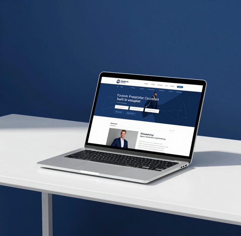 Clean minimalist workspace with a modern laptop displaying a sleek website layout, bright natural daylight, deep blue and white tones, professional studio photography