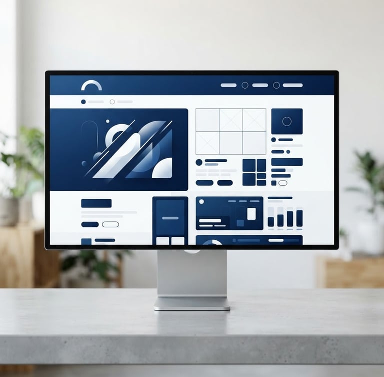 Straight-on clean device mockup displaying a modern website layout on a high-end monitor, bright studio lighting, deep blue and white tones