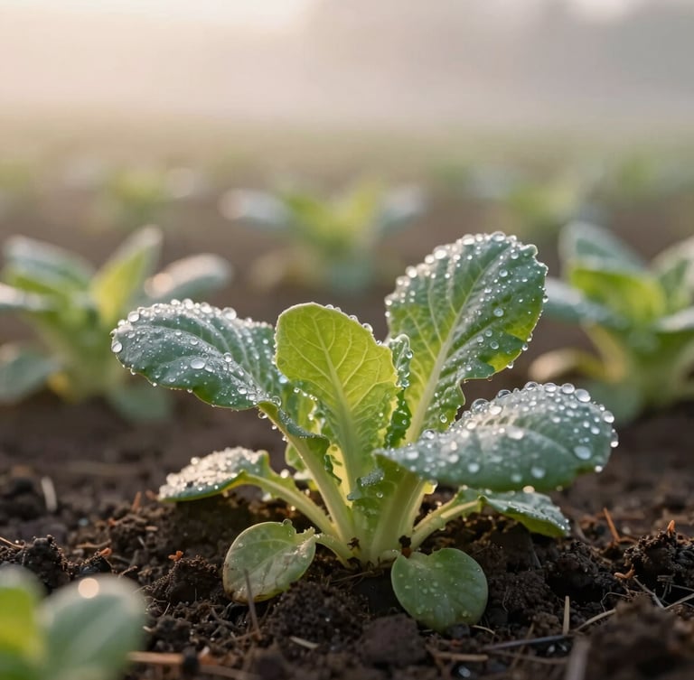Close-up of dew-kissed organic leafy greens growing in rich dark soil, soft morning mist, warm golden-hour light, shallow depth of field, 35mm