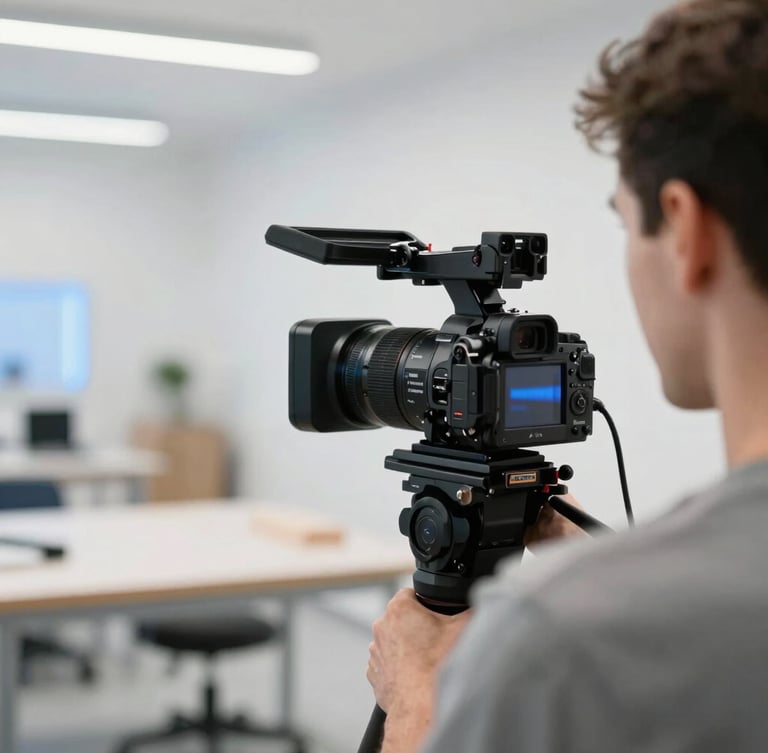 Over-the-shoulder shot of a professional camera filming a local craftsman in a clean modern workshop, crisp natural daylight with subtle blue studio backlights, shallow depth of field
