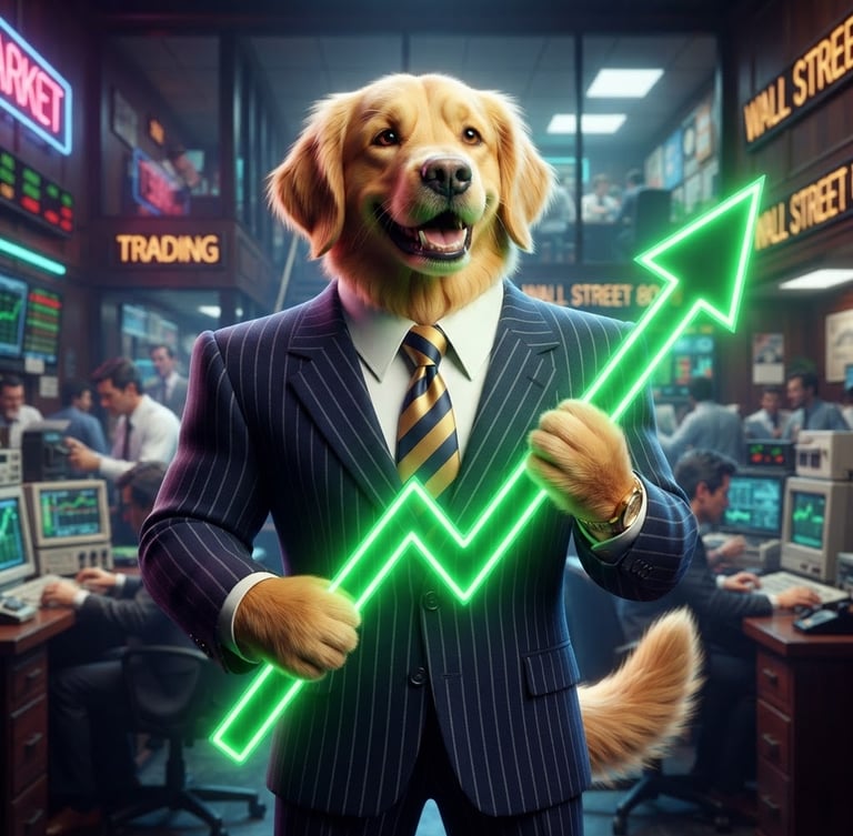 Dramatic 3D render of a golden retriever wearing a giant 1980s pinstripe business suit, holding a glowing neon green stock chart that points straight up, high contrast studio lighting, retro financial aesthetic.
