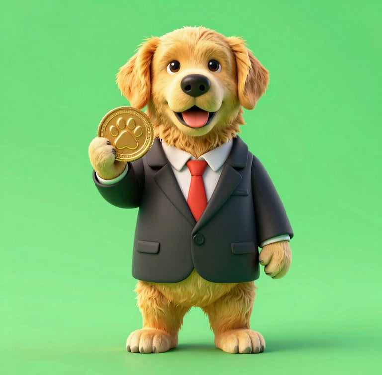 A vibrant 3D render of a golden retriever in an oversized 1980s business suit, holding a golden coin with a paw print, neon green background