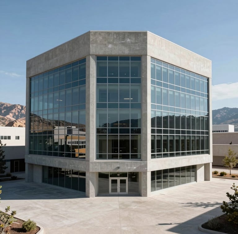 Symmetrical wide angle shot of a minimalist concrete and glass corporate headquarters, clean sharp shadows, bright high-altitude daylight, Steamboat Springs alpine horizon in the distance.