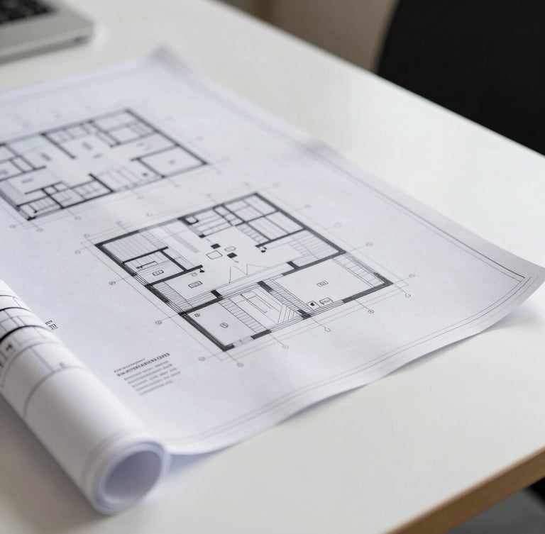 Highly structured close-up of clean physical architectural blueprints laid out on a minimalist white desk, soft shadows, bright natural light.