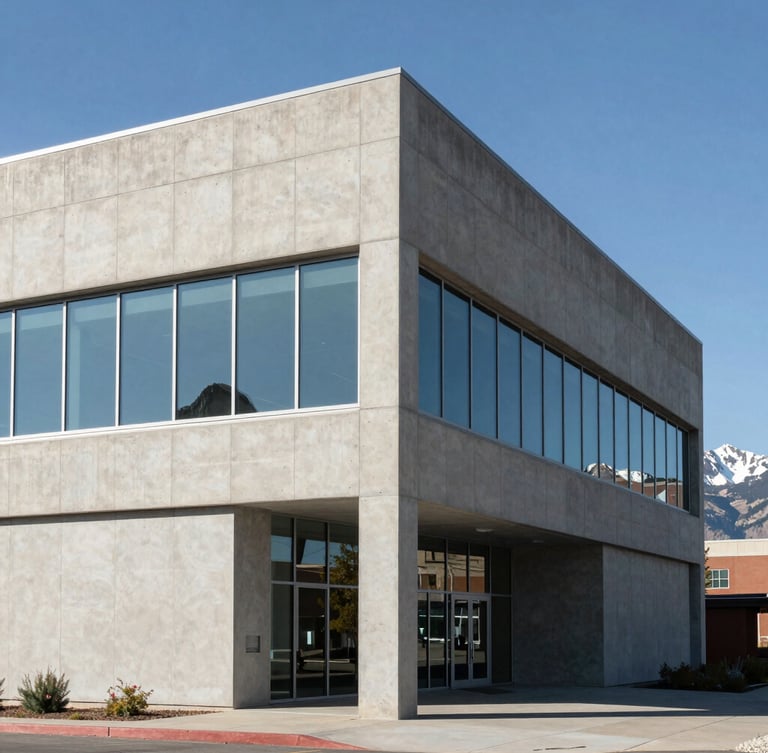 A bright, natural-light photograph of a minimalist concrete and glass corporate office facade in Steamboat Springs, clean lines, sharp shadows, mountain peaks visible in the distant background.