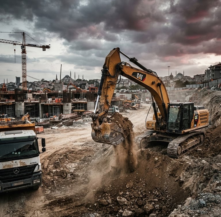 Dramatik ışık altında modern bir inşaat şantiyesinde çalışan büyük, sarı bir ekskavatör, sağ tarafta, geniş açılı, yüksek kontrastlı, çelik ve toz detayları vurgulanmış.