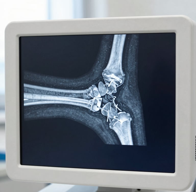 Macro shot of a high-resolution digital bone scan on a sterile monitor, sharp focus on structural alignment, cool slate tones, clinical setting.