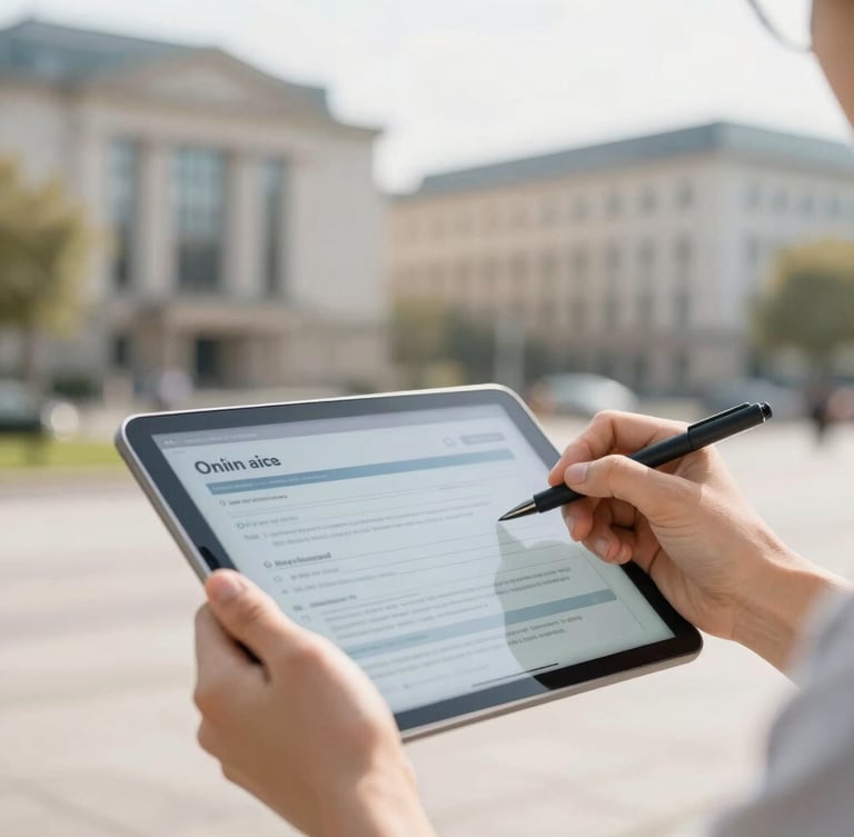 Close-up of hands holding a tablet, completing an online form, with a blurred background of modern European institutional buildings, soft natural daylight, hopeful bright tones, shallow depth of field, 35mm