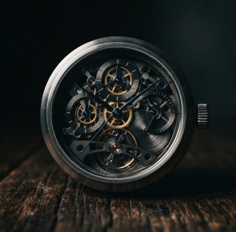 Macro shot of Ocular-01 mechanical desk clock on a dark oak desk, low-key dramatic side-lighting, sharp metallic highlights, deep shadows, 35mm