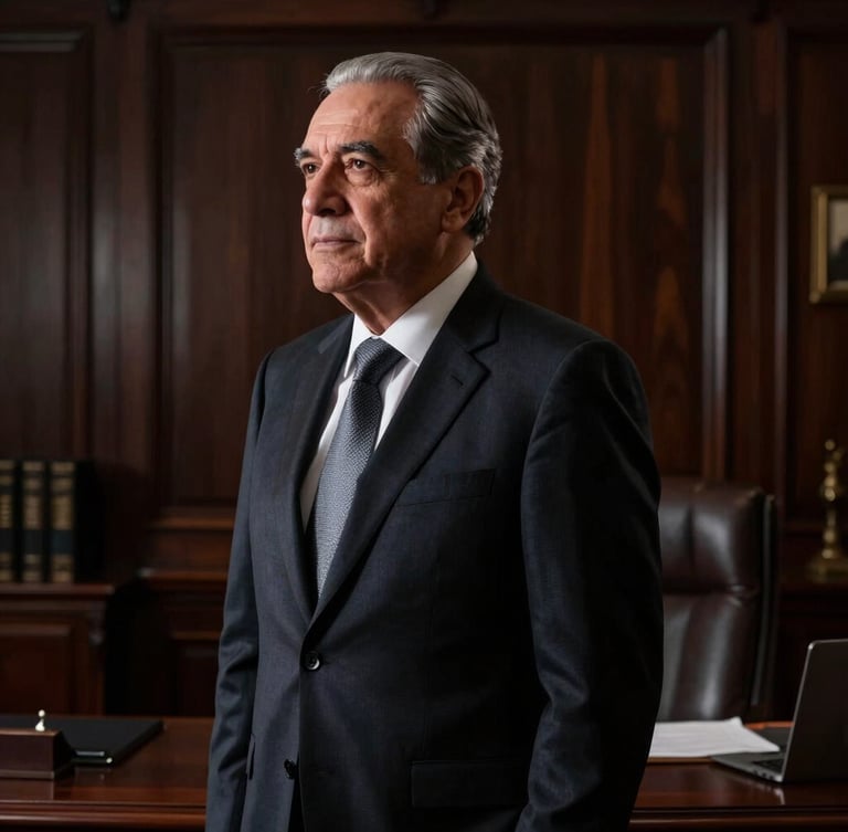 Low-key editorial portrait of a senior Mexican attorney in a dark bespoke suit, dramatic side-lighting, deep shadows with sharp silver highlights, background of a prestigious dark-wood law office, 50mm lens, highly professional.